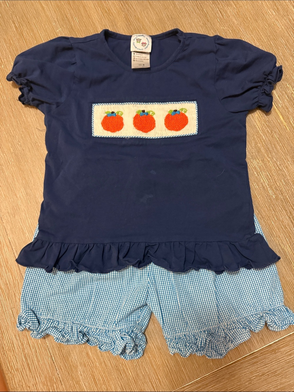 Girls Navy Pumpkin Smocked Top & Blue Gingham Shorts Matching Set